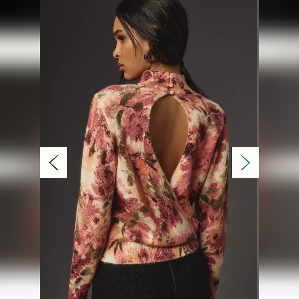 Anthropologie Katchen Floral Open Back Mock Neck Sweater Sz M NWT